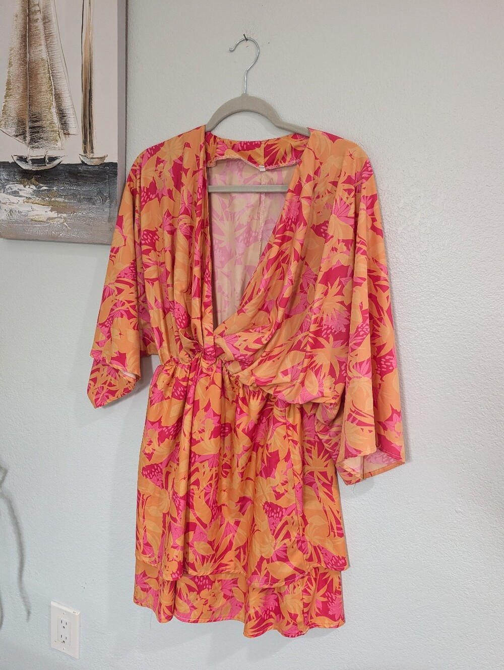 Women's Pink & Orange Floral Kimono Style Dress Size XL